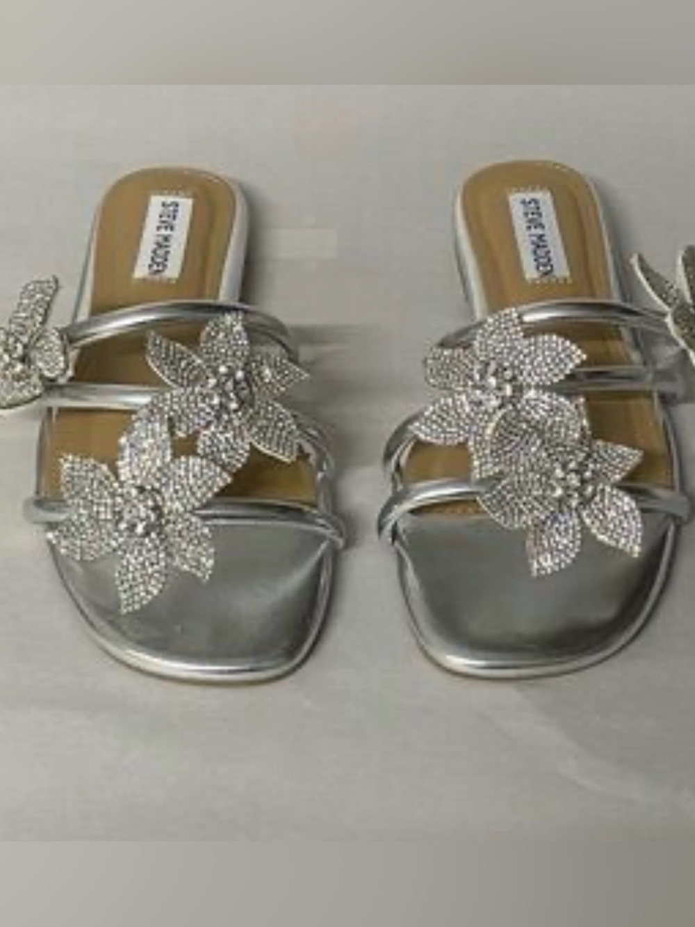 Steve Madden Hoku- Silver Floral Crystal Slide Sandals